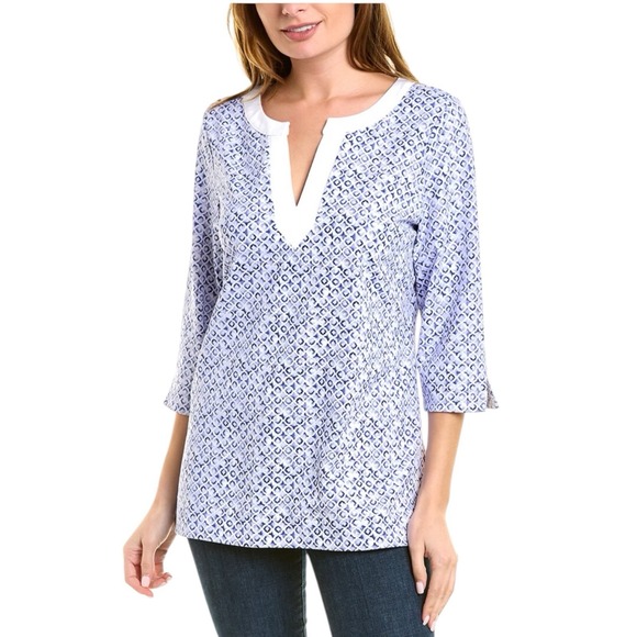 Tommy Bahama Tops - Tommy Bahama IslandZone Womens Tunic Top Blue White Geometric Split Neck M‎